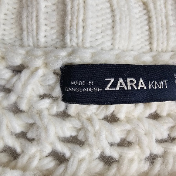 Zara Knit Women Ivory Crochet Pom Pom Cropped Sweater Small Wool Blend - Picture 8 of 10